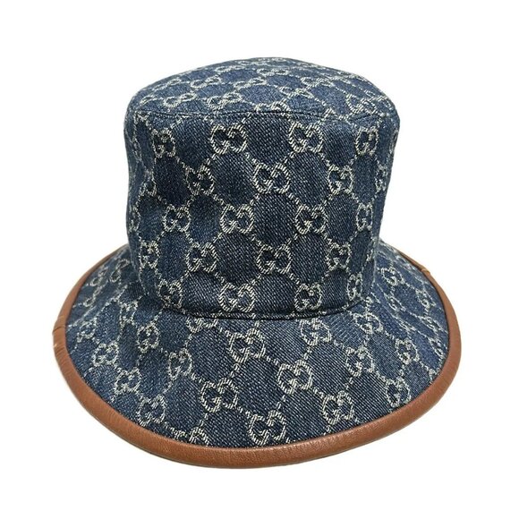 Auth GUCCI - Navy Beige Dark Brown Cotton Leather Hat - Picture 6 of 9
